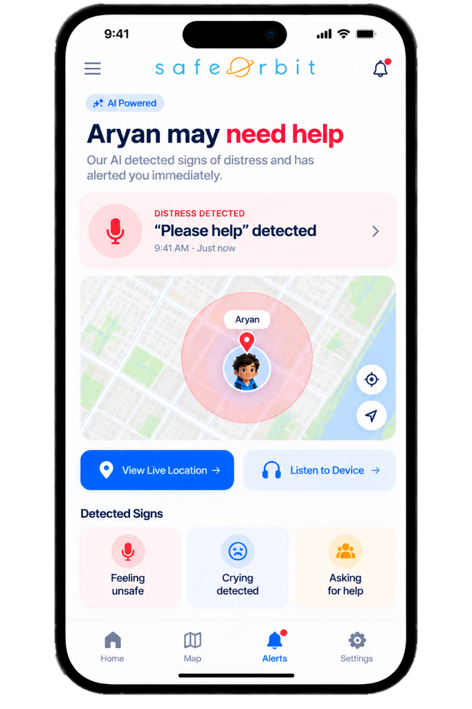 SafeOrbit AI Distress Detection and Vocal Panic Alert Screen