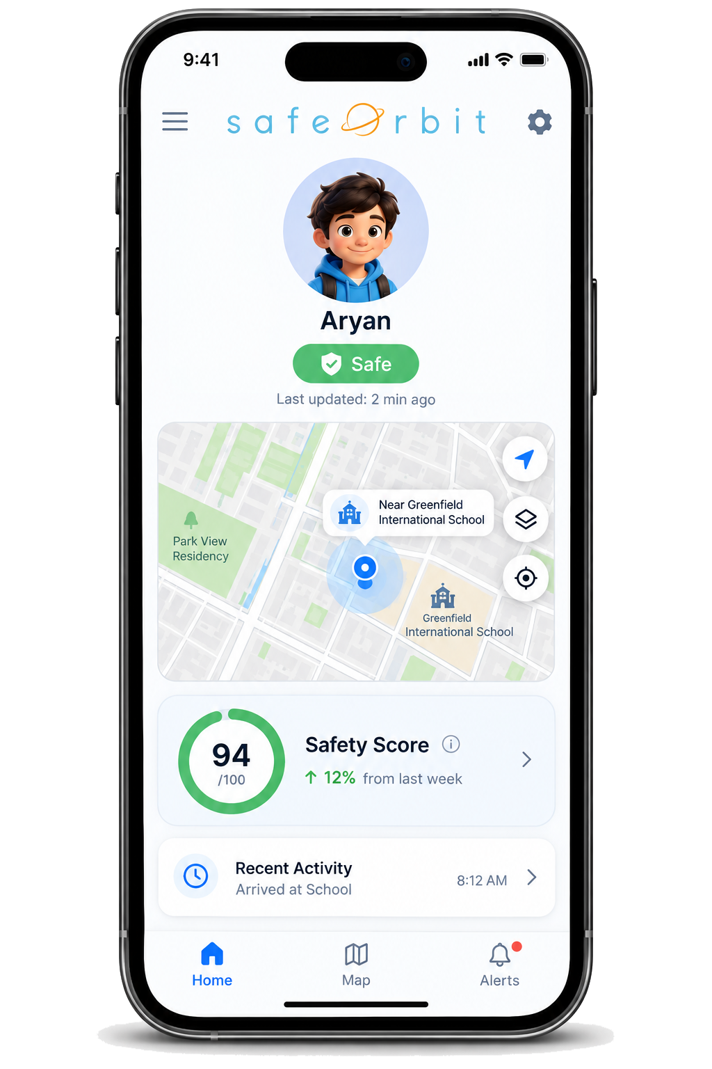 SafeOrbit Parent Dashboard App Screen with Aryan's Live Status