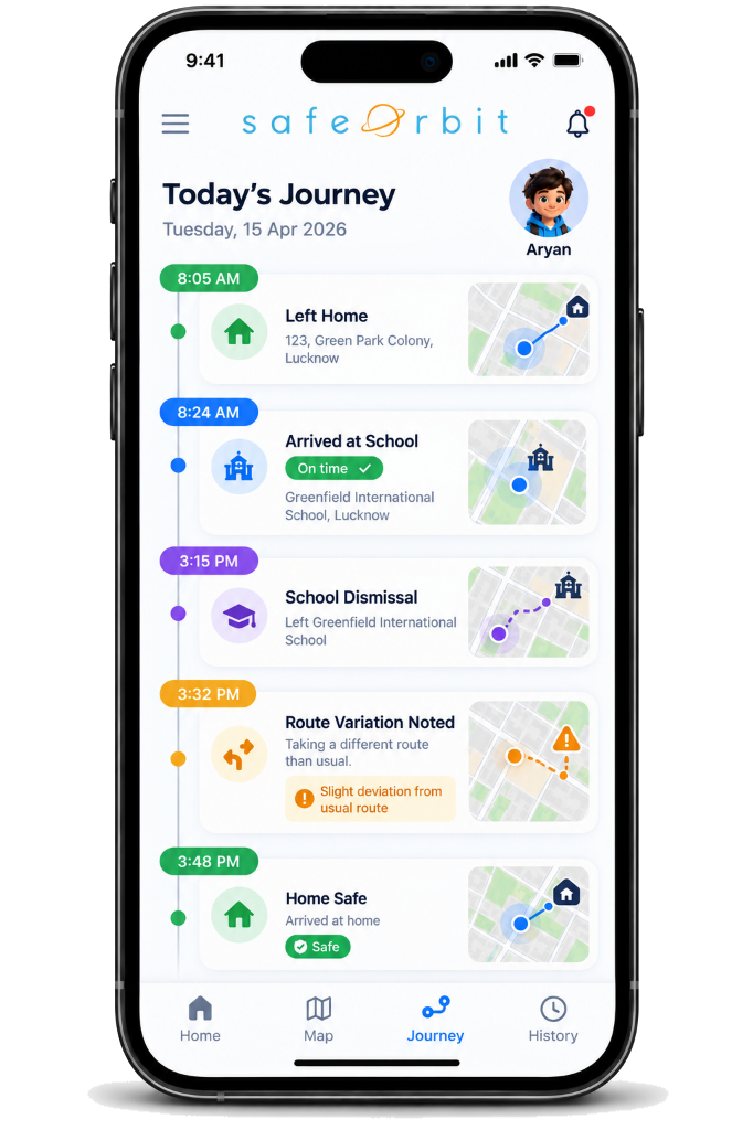SafeOrbit Today's Journey Timeline Screen