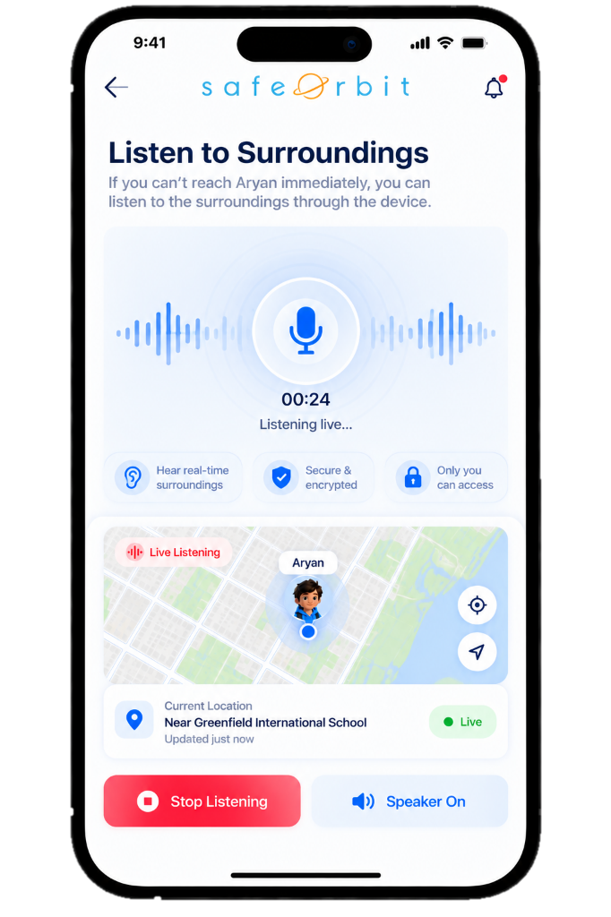 SafeOrbit Listen to Surroundings Live Audio Screen