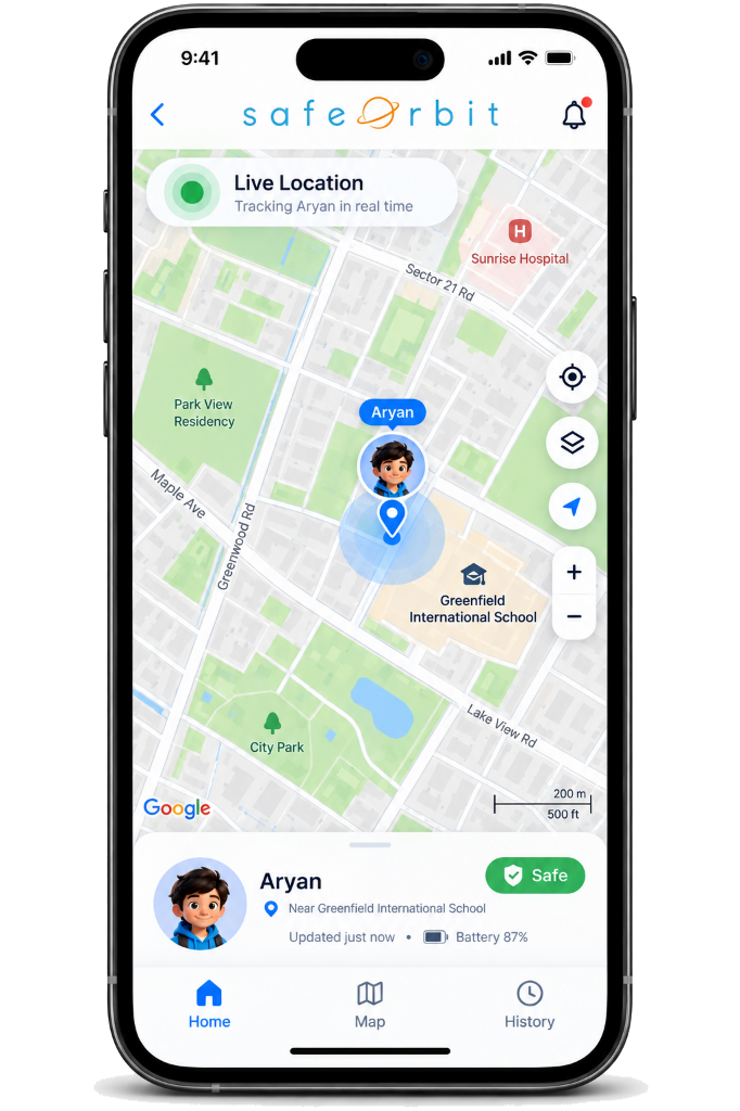 SafeOrbit Live Location and School Map Screen