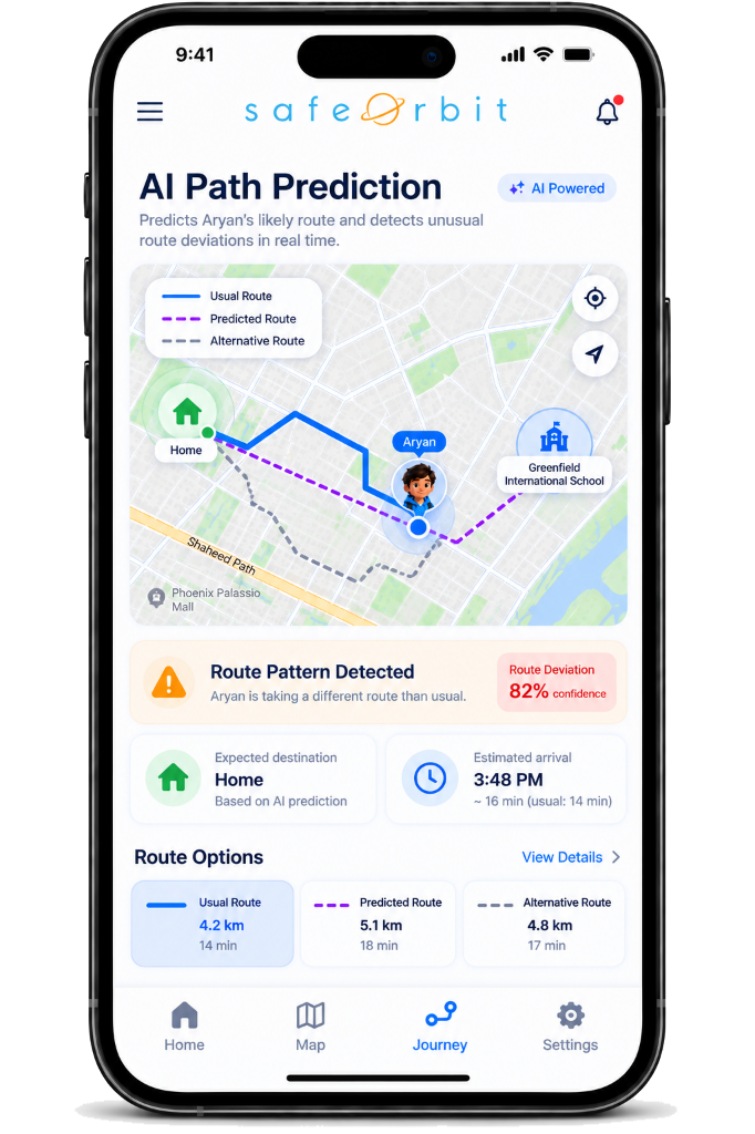 SafeOrbit AI Path Prediction and Route Deviation Screen