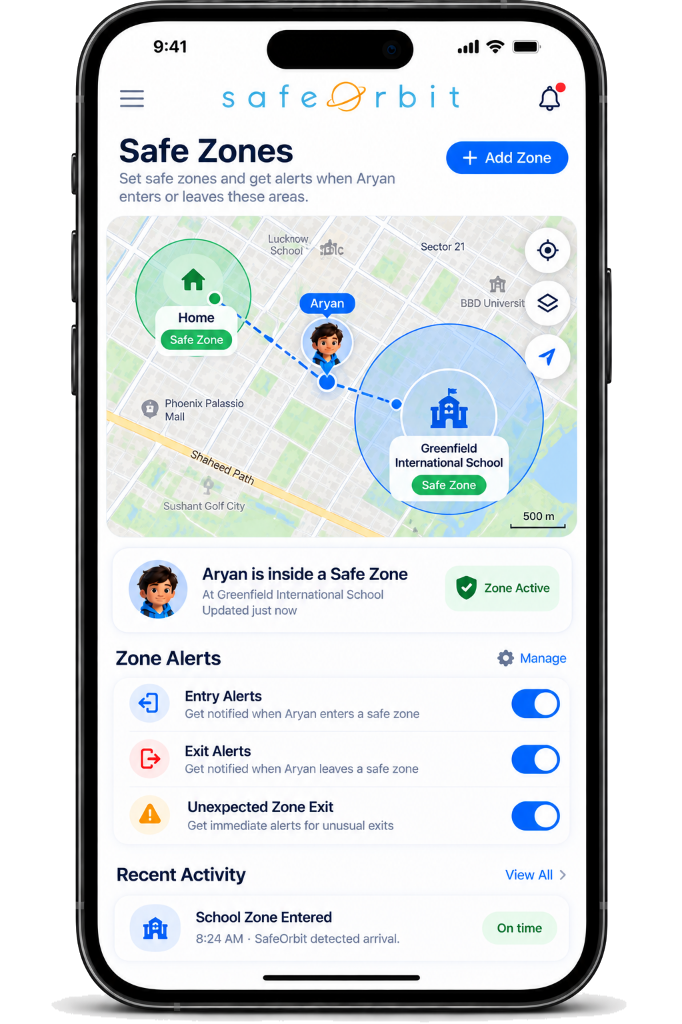 SafeOrbit Safe Zones and Boundary Alerts Screen